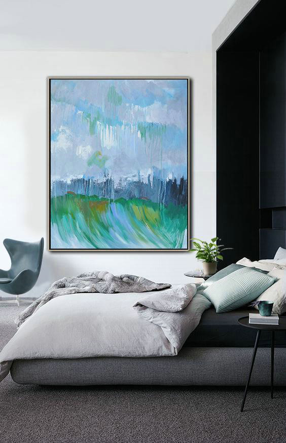 Handmade Extra Large Contemporary Painting,Abstract Landscape Painting,Contemporary Art Canvas Painting,Sky Blue,Purple Grey,Dark Blue,Green